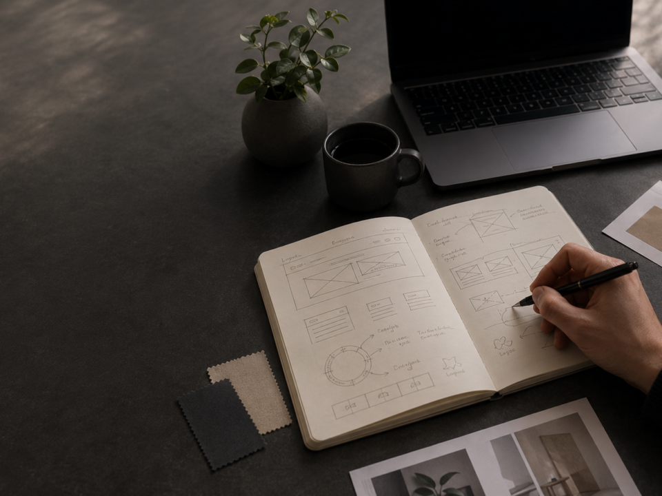 Minimal brand strategy workspace with a laptop, open notebook, color palette samples, printed design materials, coffee cup, and plant on a dark desk in natural light.