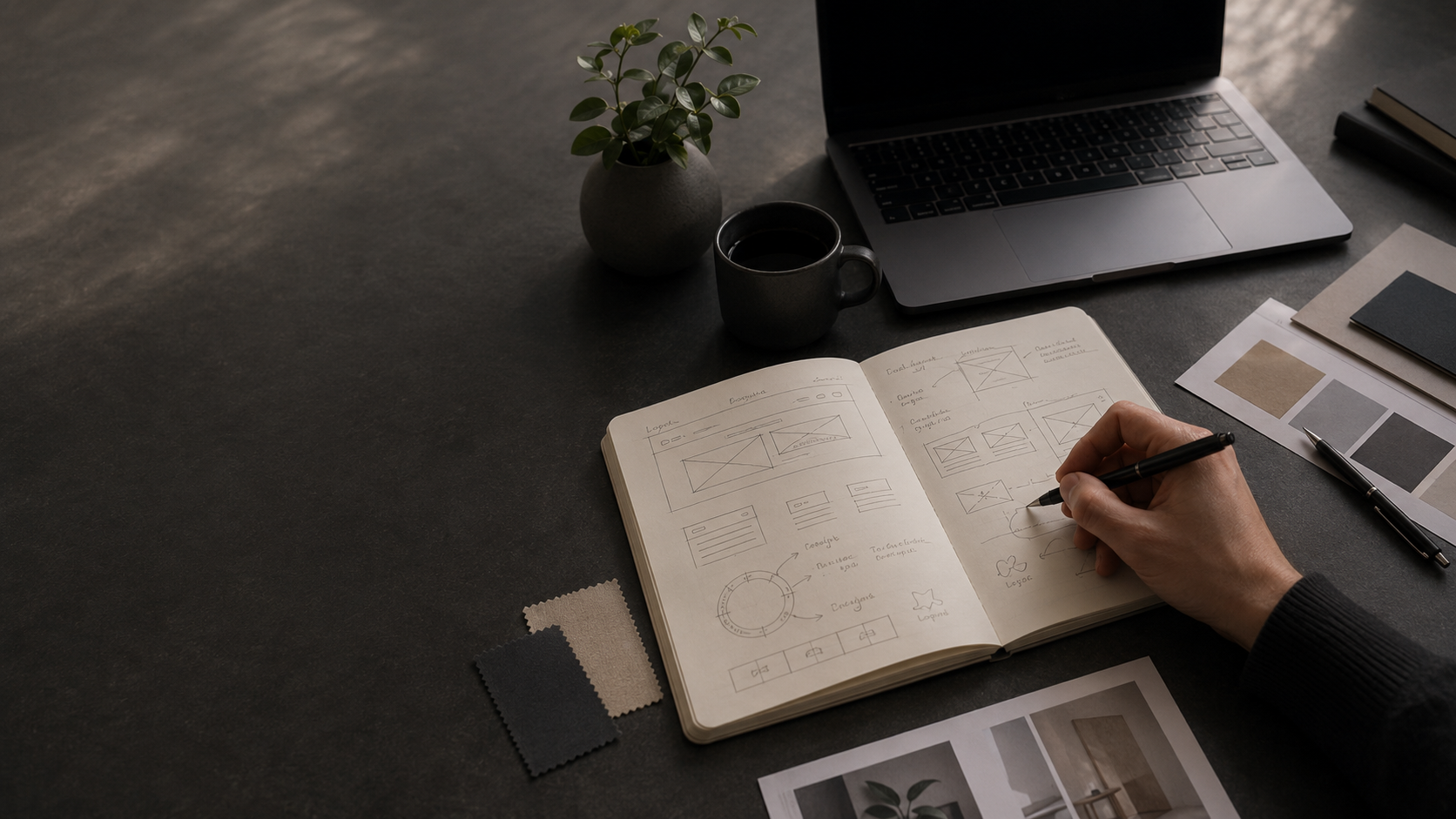Minimal brand strategy workspace with a laptop, open notebook, color palette samples, printed design materials, coffee cup, and plant on a dark desk in natural light.