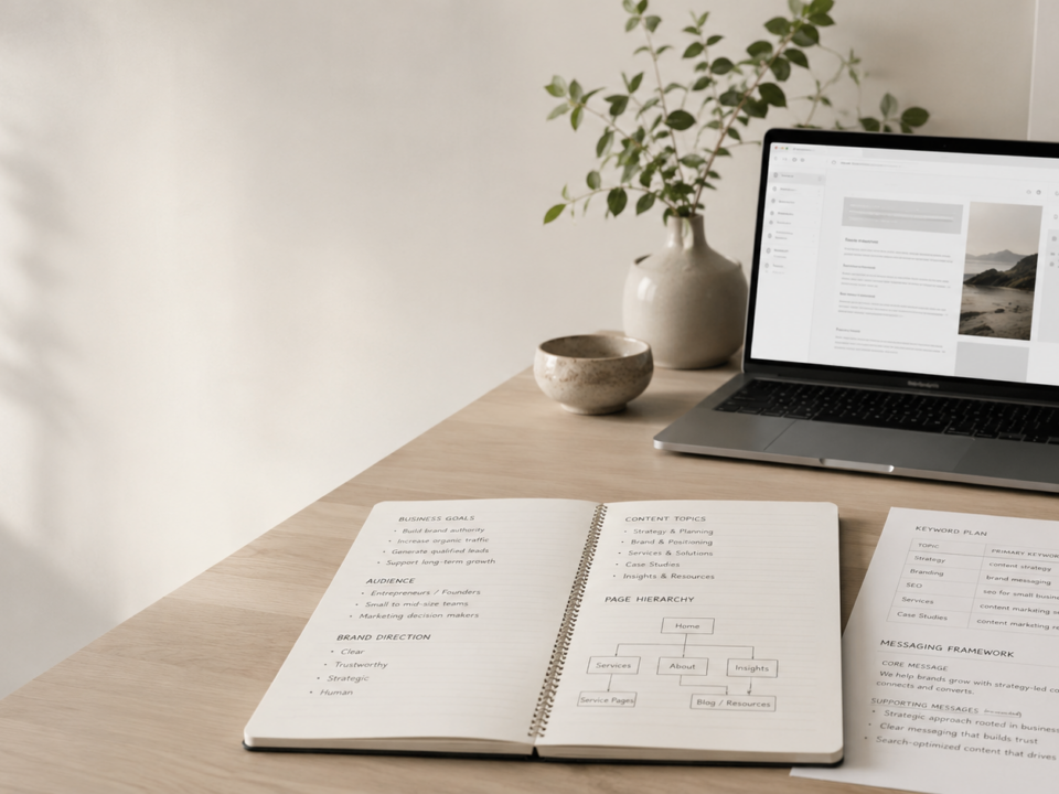 Content and SEO planning workspace with a laptop, notebook, keyword plan, messaging framework, page hierarchy notes, and business direction documents on a clean desk.