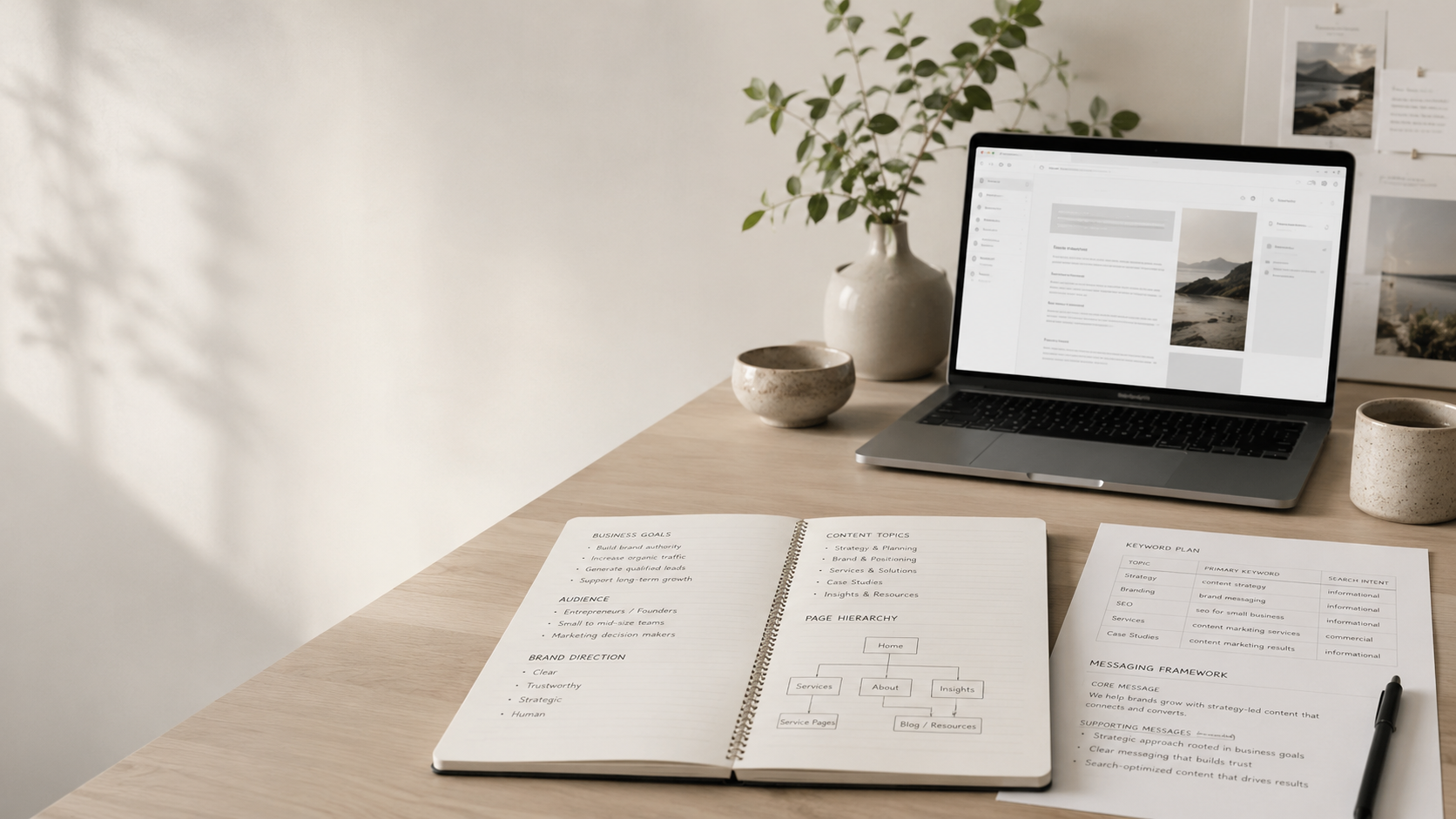 Content and SEO planning workspace with a laptop, notebook, keyword plan, messaging framework, page hierarchy notes, and business direction documents on a clean desk.