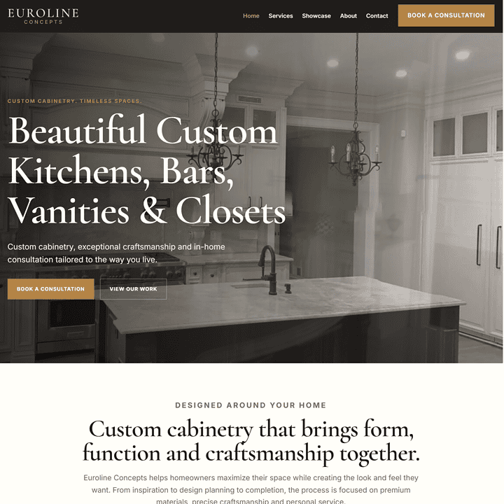 After screenshot of redesigned Euroline Concepts homepage with custom cabinetry hero image, dark luxury navigation, and book a consultation button.