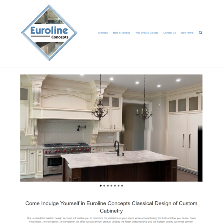 Before screenshot of the original Euroline Concepts website homepage with blue diamond logo and kitchen slideshow.