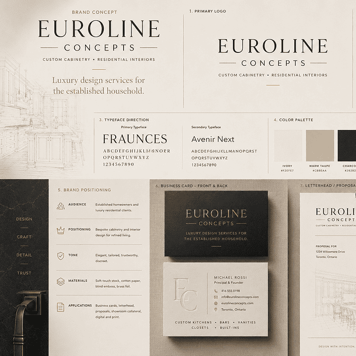 Euroline Concepts rebrand concept showing luxury logo design, color palette, business card, letterhead, and cabinetry brand positioning.