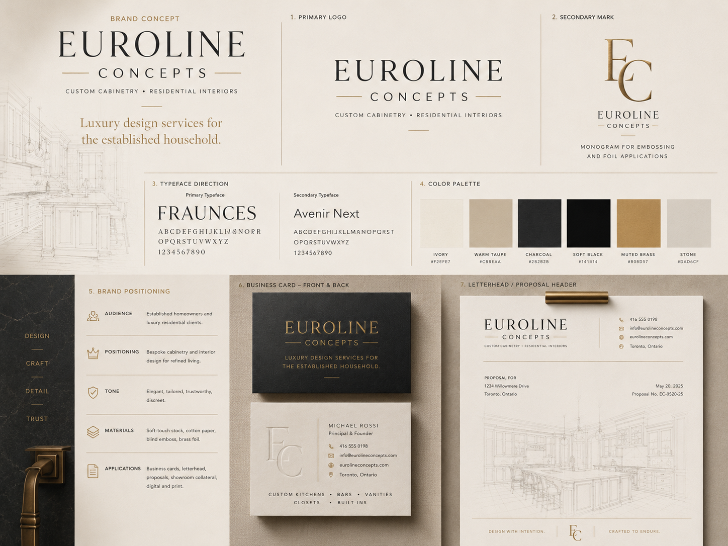 Euroline Concepts rebrand concept showing luxury logo design, color palette, business card, letterhead, and cabinetry brand positioning.