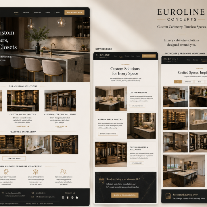 Euroline Concepts website redesign mockup with homepage, services page, showcase gallery, luxury cabinetry images, and consultation CTA.