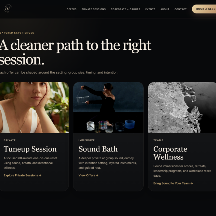 After screenshot of Here We Om featured service cards for private sessions, sound baths, and corporate wellness offerings.