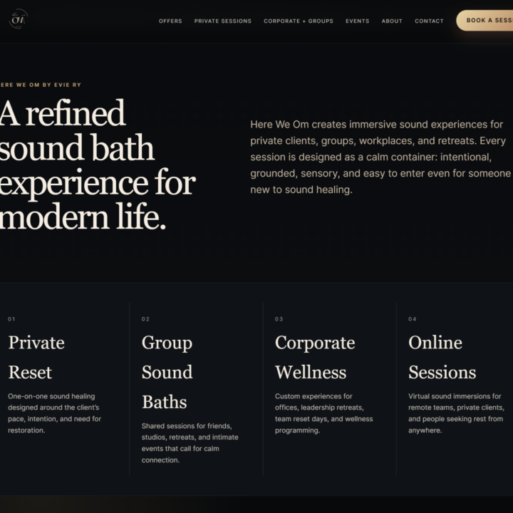 After screenshot of the Here We Om homepage redesign with dark luxury styling, clear service messaging, and book a session button.
