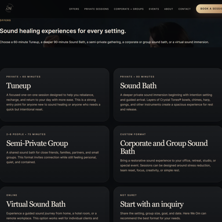 After screenshot of the Here We Om offers page with dark layout, structured sound healing service cards, and improved content organization.