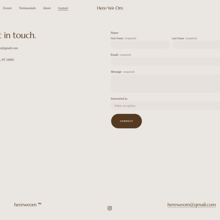 Before screenshot of the Here We Om contact page with light background, contact form, and business email.