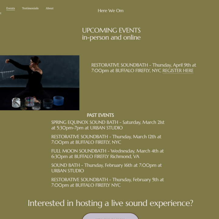 Before screenshot of the Here We Om events page with olive background, event listings, and simple informational layout.