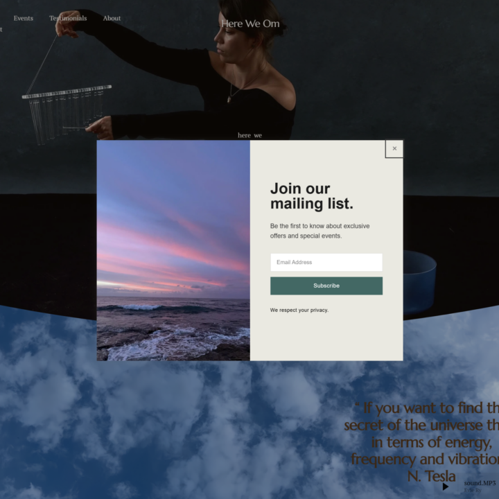 Before screenshot of the original Here We Om homepage with layered imagery, pop-up mailing list, and minimal navigation.