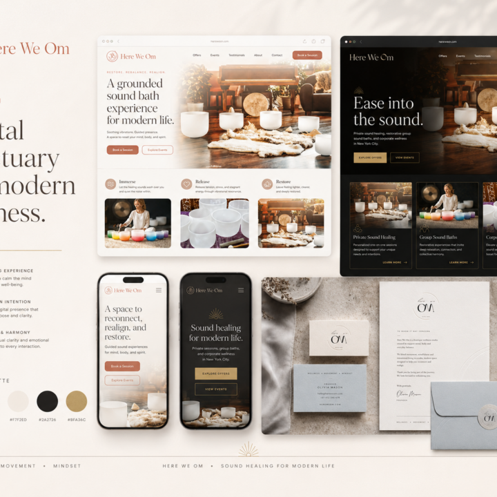 Here We Om website mockups and wellness brand direction showing light and dark homepage designs, mobile layouts, brand colors, and stationery concepts.