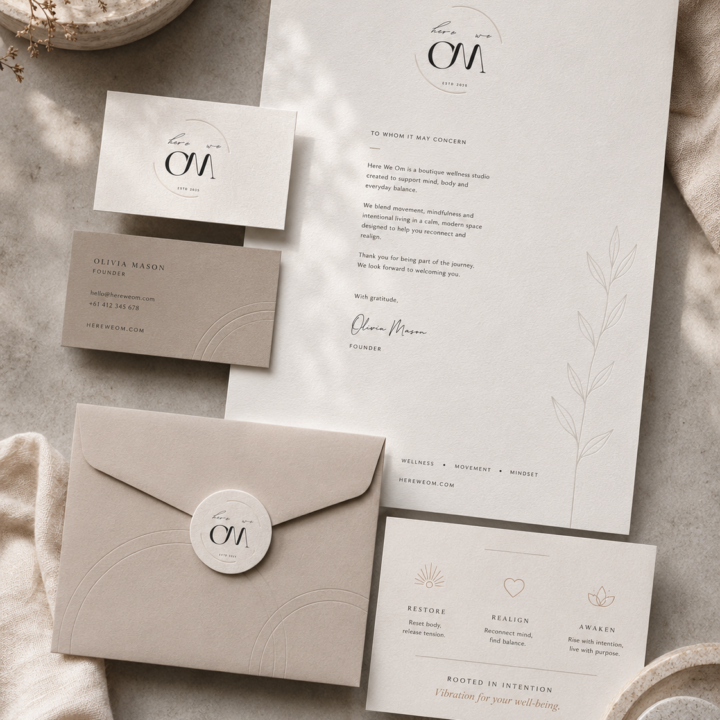 Here We Om wellness brand identity flat lay with logo card, letterhead, envelope, service card, and soft neutral stationery design.