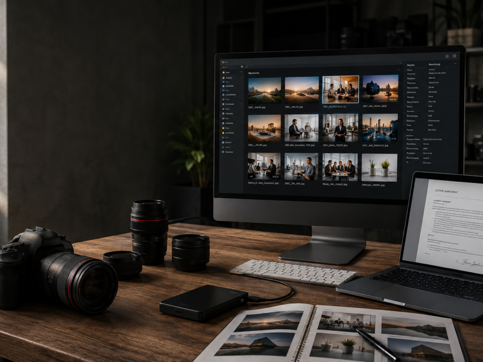 Professional media management workspace with camera equipment, organized image files, licensing documents, and usage rights notes.