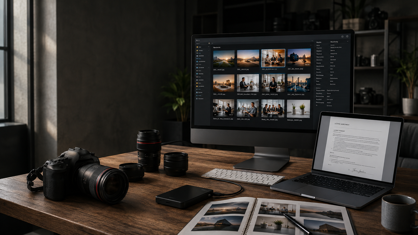 Professional media management workspace with camera equipment, organized image files, licensing documents, and usage rights notes.