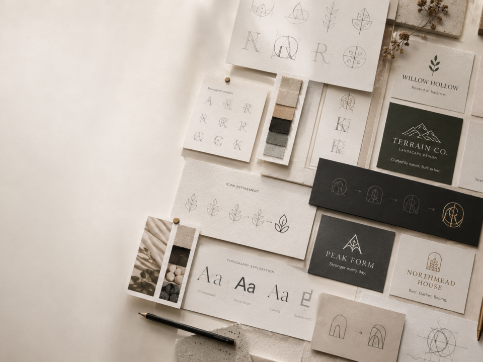 Minimal branding workspace showing logo sketches, typography studies, color swatches, and refined logo and tagline concepts laid out on a design table.