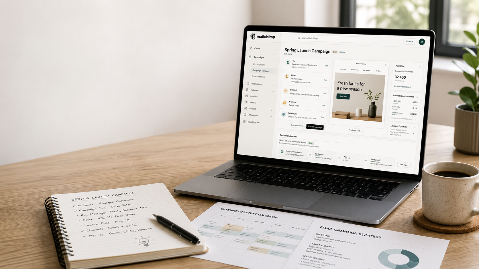 Marketing support workspace with analytics, campaign notes, social media planning, and brand materials on a clean desk.