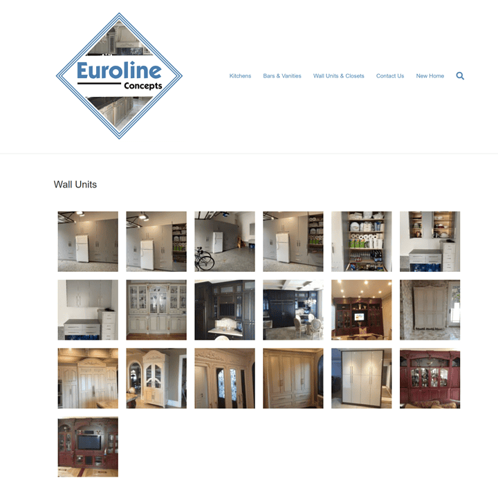 Before screenshot of Euroline Concepts wall unit gallery with small thumbnail images of custom cabinetry projects.