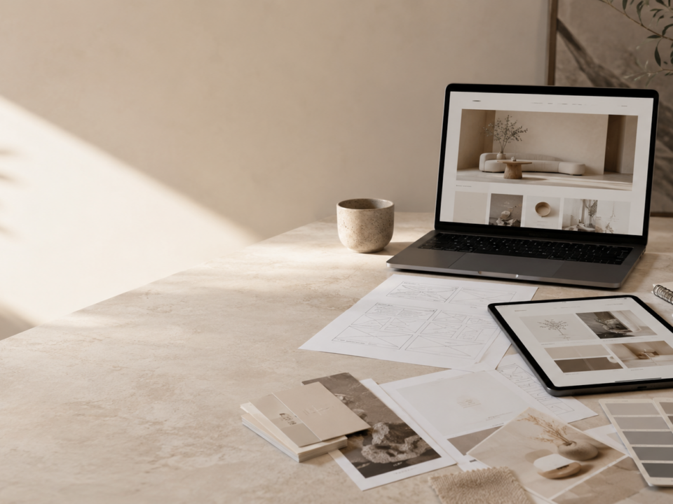 A workspace with a laptop and tablet displaying website designs, surrounded by wireframe sketches, color swatches, notebooks, and branding materials in a soft, natural light setting.