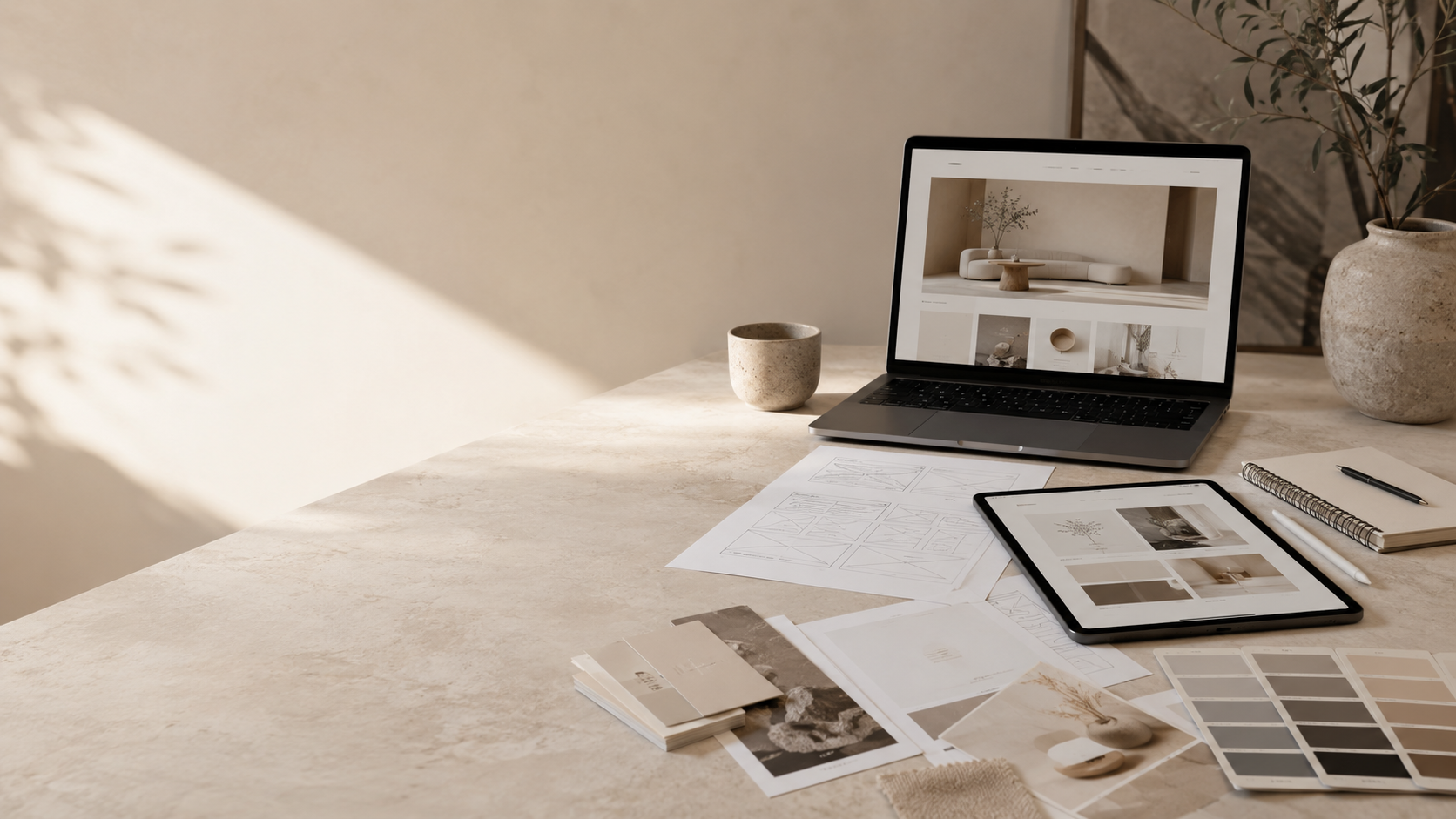 A workspace with a laptop and tablet displaying website designs, surrounded by wireframe sketches, color swatches, notebooks, and branding materials in a soft, natural light setting.