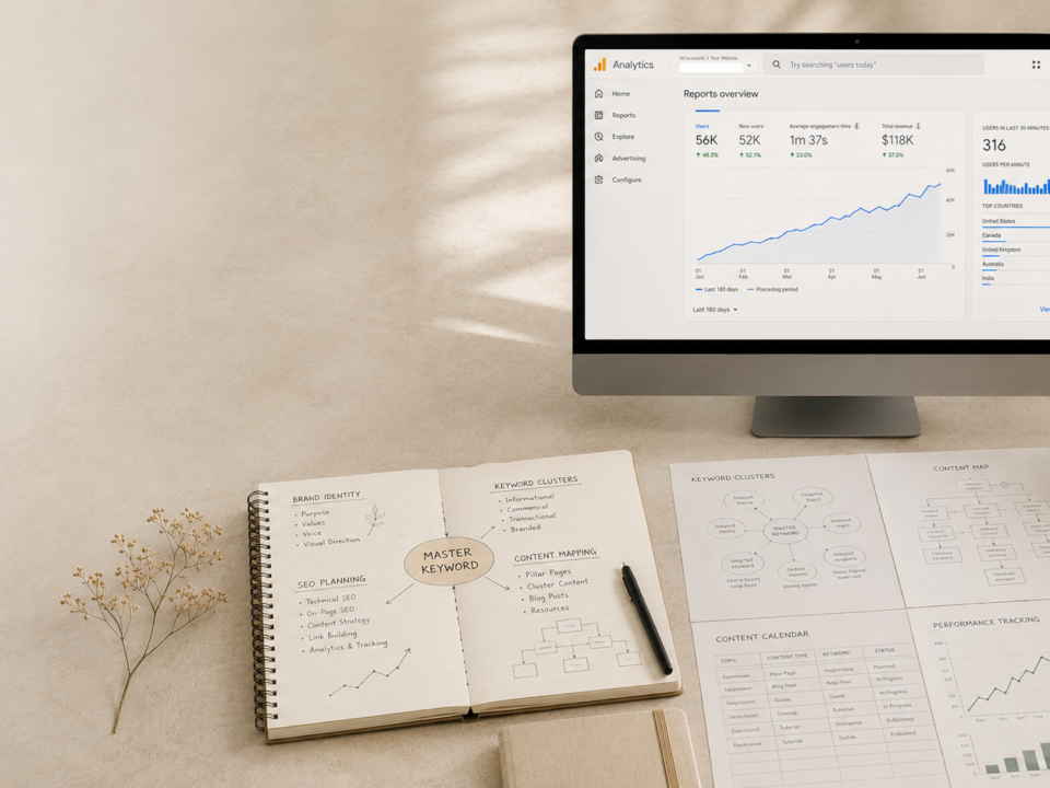 Computer screen showing website analytics growth with SEO planning notes, master keyword strategy, keyword clusters, content mapping, and performance tracking on a desk.