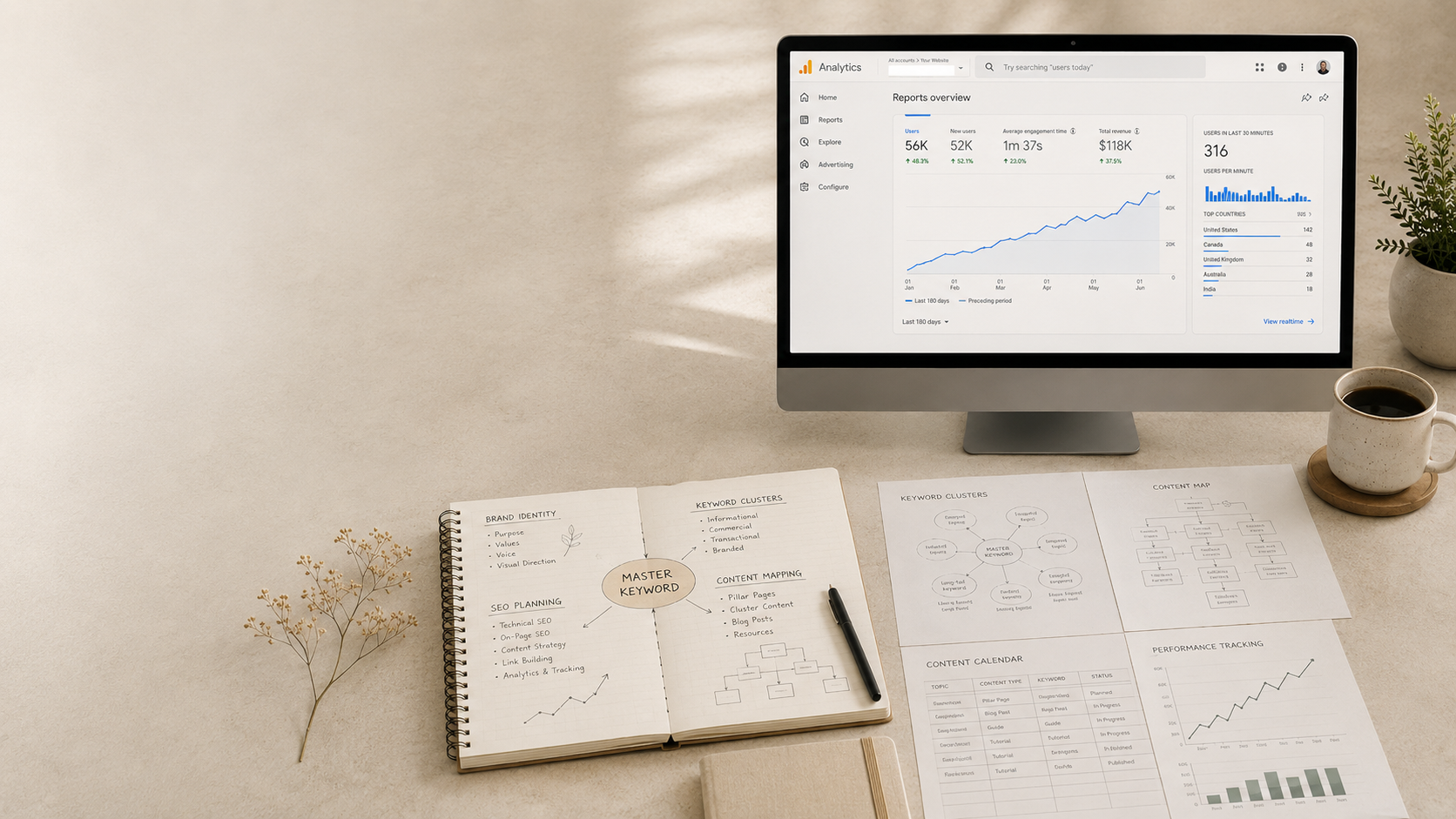 Computer screen showing website analytics growth with SEO planning notes, master keyword strategy, keyword clusters, content mapping, and performance tracking on a desk.